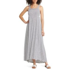 Caslon Striped Jersey Maxi Dress Sleeveless Square Neck Blue White Summer Small